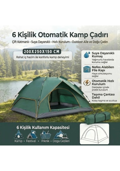 6 Kişilik Otomatik Kamp Çadırı Çift Katmanlı, Suya Dayanıklı, Hızlı Kurulum Outdoor Aile Ve Doğa Çok Renkli