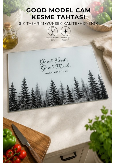 Good Mood Desenli Cam Kesim Tahtası - 25x35cm -dayanıklı Ve Pratik Kesim Matı Siyah