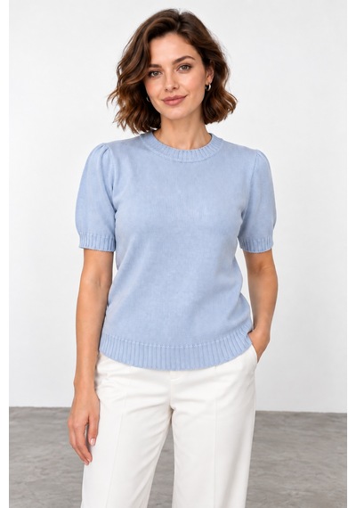 Bihan Store Kadın Simli Sıfır Yaka Kısa Kol Triko Bluz W27-31626 - Mavi