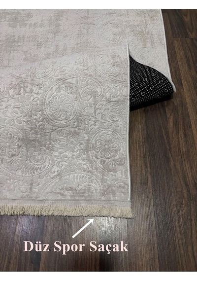 Kaymaz Tabanlı Saçaklı Yıkanabilir Leke Tutmaz Kesme Kabartmalı Salon Koridor Mutfak Halısı Vizon