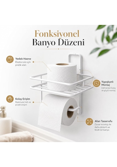 Yapışkanlı Beyaz Tuvalet Kağıtlığı, Yedek Rulo Hazneli Wc Kağıtlık, Duvar Tipi Banyo Tuvalet Kağıdı Askısı, Delmeden Kolay Kurulumlu Banyo Düzenleyici Diğer