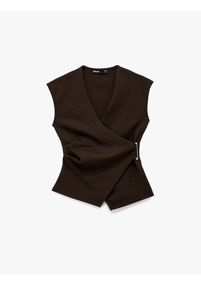 Koton Slim Fit Metal Aksesuarlı V Yaka Kruvaze Yelek Kahverengi 7wak30014ek Kahve