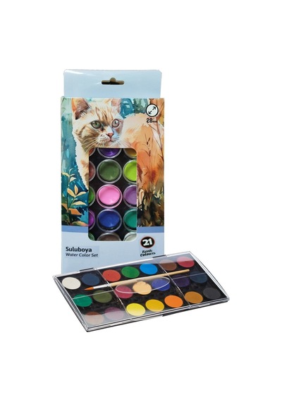 21 Renk Sulu Boya 1 Paket Fırça Hediyeli 21 Li Suluboya Canlı Renkler 28 Mm Boya Çapı Büyük Boy Brons Çok Renkli