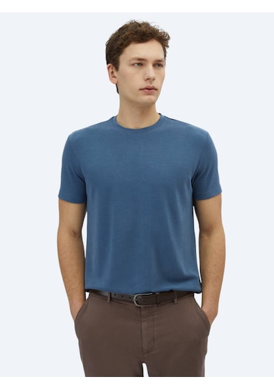 Kip İndigo Düz Bisiklet Yaka T-shirt İndigo