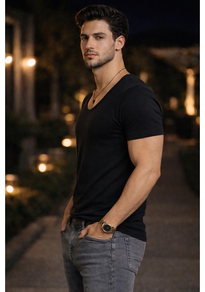 Bybülent Erkek Oval Yaka Tişört Açık Yaka Likralı Slim Fit T-shirt Siyah