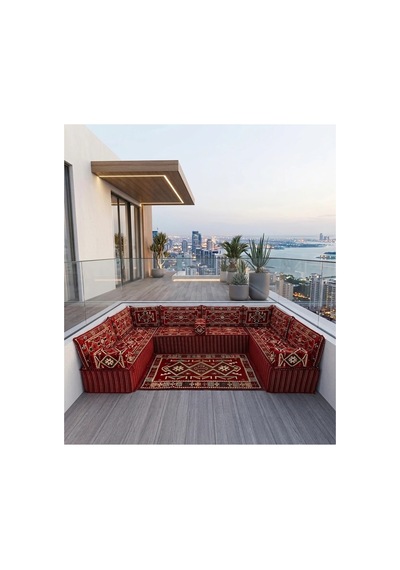 Kırmızı Anadolu Modeli Şark Köşesi - 40 Cm Kalın Süngerli Teras Ve Balkon Sedir Takımı