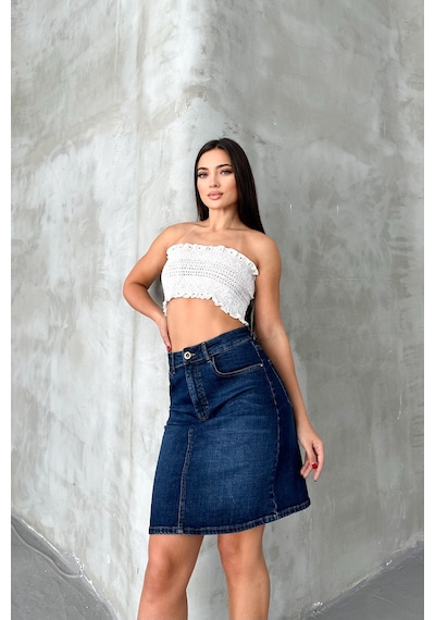 HLT Jeans Koyu Mavi Kadın Regular Fit Yüksek Bel Orta Boy Denim Kot Etek Alice-4006 Koyu Mavi
