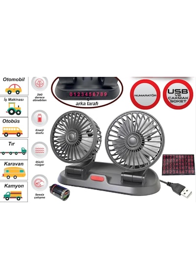 Vantilatör 12v Usb Soketli Torpido Üstü 2 Li +numaratörlü