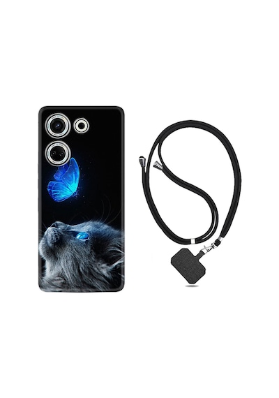 Tecno Camon 20 Pro Kılıf Desenli İpli Boyun Askılı Silikon Butterfly Cat 1891