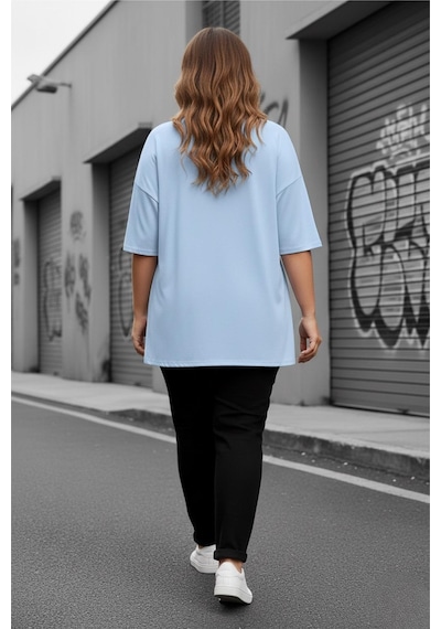 Mily Kadın Büyük Beden Battal Basic Bisiklet Yaka Pamuklu T-shirt Rahat Kesim Unisex Sevgili Kombini Turkuaz