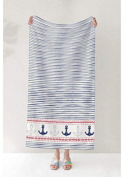 Çizgili Marine Çapa Plaj Havlusu - Lacivert Beyaz Nautical Tarz Hızlı Kuruyan Mikrofiber Havlu Örtü Kül Akasya