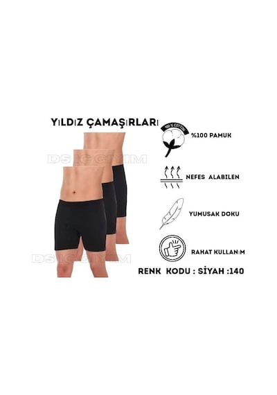 Yıldız Çamaşır 140 Erkek Süprem Paçalı Siyah Boxer 3 Adet