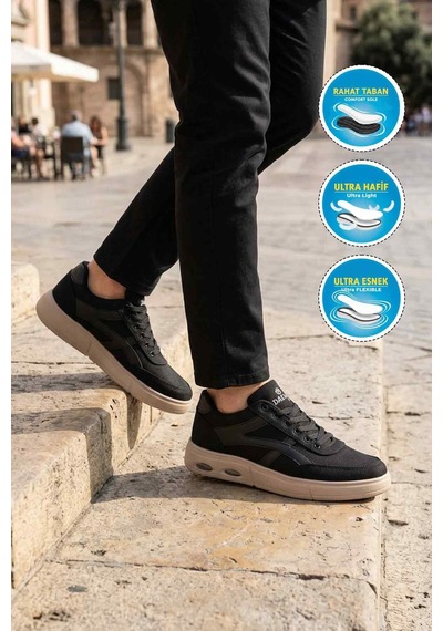 Siyah Bej Tekstil Bağcıklı Erkek Casual Ayakkabı Çok Renkli