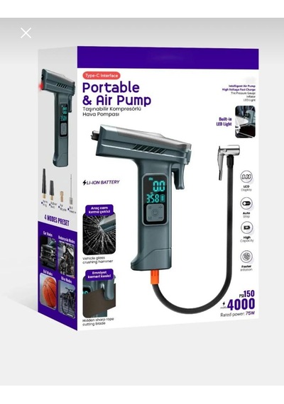 Nivego Taşınabilir 4000 Mah Dijital Hava Pompası 150 Psı Şarjlı Mini Kompresör Lcd Ekranlı, Işıklı, Kemer Kesicili,cam Kırma Otomatik Durma -