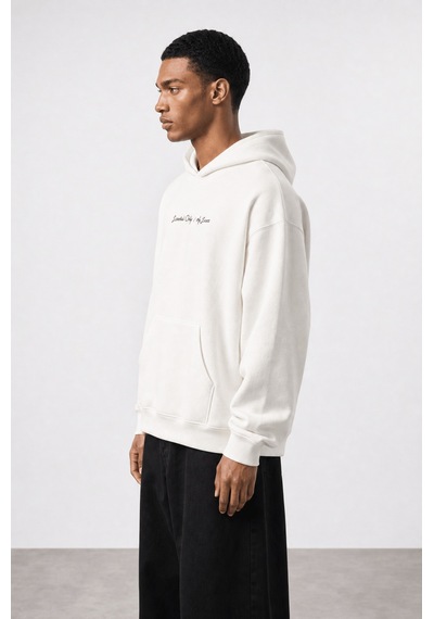Respire Erkek Essentials Nakışlı Oversize Hoodie Ekru