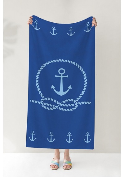 Çapa Marine Lacivert Plaj Havlusu - Halat Motifli Modern Mavi Hızlı Kuruyan Mikrofiber Havlu Yumuşak İncir