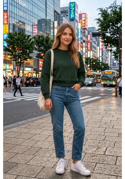 Luxıc Core Kadın Crop Bisiklet Yaka Sweatshirt Pamuklu Yumuşak Dokulu Günlük Spor Sweatshirt Yeşil