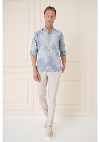 Efor Comfort Fit Batik Desen %100 Keten Mavi Gömlek G 1571 Mavi