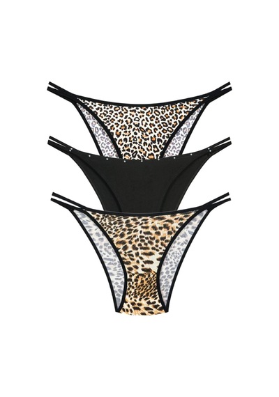 1025 Çift İp-taş Detaylı Bikini Külot Paketi 1025-v7 - Leopar-Siyah-Pars Çok Renkli