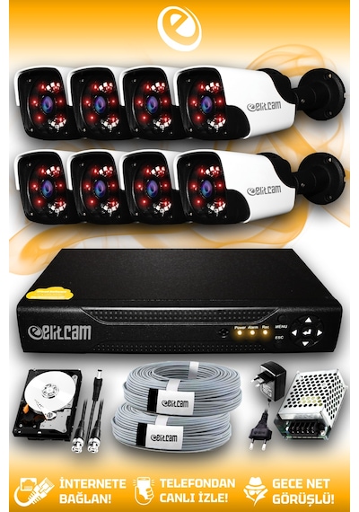 Elitcam 8 Kameralı Panda 8 Dış Kamera Set 1 TB HDD Full HD Gece Görüşlü Güvenlik Kamerası Sistemi