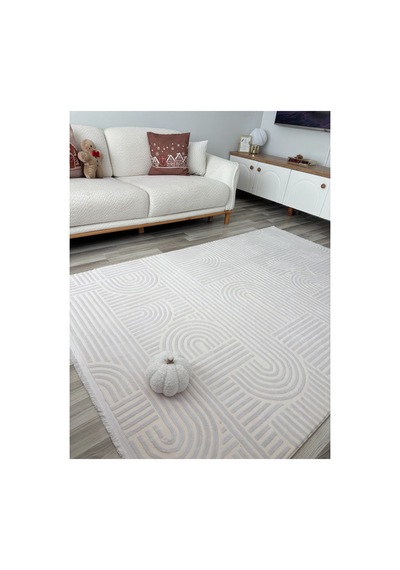 Alize Modern Geometrik Kabartmalı Krem Halı - Saçaklı İskandinav Tarzı Salon Oda Halısı Krem