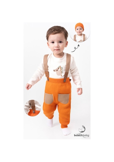 Tiwitibaby Triko Çapraz Askılı Salopet Koala Figürlü Esnek Kaşkorse Badi Bereli Unisex Bebek Takım Turuncu