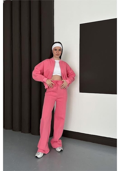 Neşeli Butik Kadın Pembe Fermuarlı 3 İplik Eşofman Takımı Nbesf01 Pembe