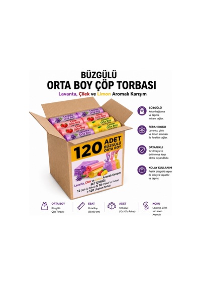 Polmix Büzgülü Çöp Torbası Orta Boy 12 Paket Toplam 120 Adet Çilek, Limon Ve Lavanta Kokulu 55x60 Cm Dayanıklı Ve Sızdırmaz