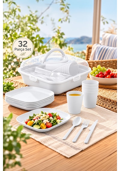 Porsima 0039-2 Karizma 32 Parça 6 Kişilik Pratik Taşınabilir Piknik Seti - Saklama Kutulu Piknik Sepeti Beyaz