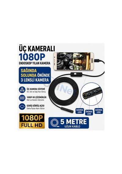 Tr 5 Metre 3 Kameralı Endoskop Yılan Kamera 1080p Full Hd Android Ve Pc