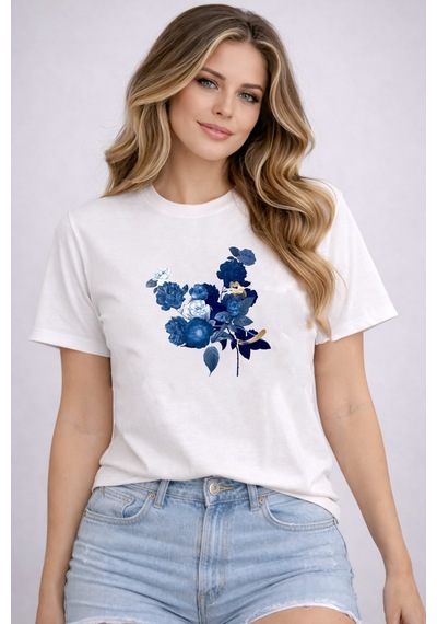 Herkesemoda Mavi Çiçekler Baskı Detaylı Basic T-shirt Beyaz