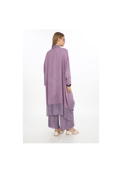 Bohem Stil İpek Detaylı Oversize Kap Bluz- Wes Pantolon Takım-8863 Leylak Lila