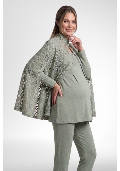 Mecit Pijama Mecit 6402 Kadın Yeşil Dantel Pelerin Hamile Lohusa Pijama Takımı
