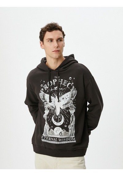 Koton Oversize Kapşonlu Sweatshirt Mistik Baskılı Sloganlı Antrasit 4wam70365mk Antrasit