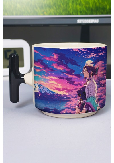 Kimetsu No Yaiba Anime Baskılı Seramik Lüks Kupa 1 Adet T Şeklinde Özel Siyah Kulp Dalga Kulp V2t Çok Renkli