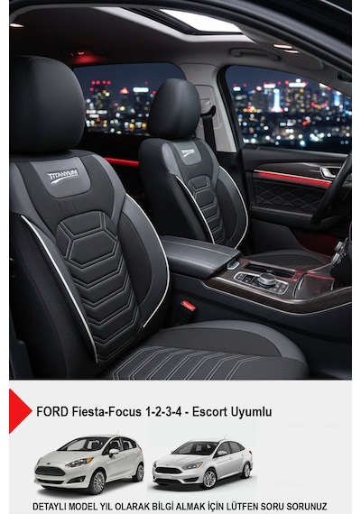 Titanyum Serisi Lüks Keten Oto Koltuk Kılıfı - Ford Focus-fiesta İle Uyumlu Beyaz