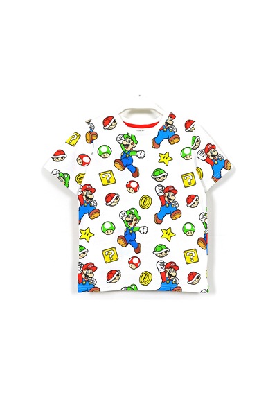 Dobakids 360 Derece Super Mario Bross Baskılı Erkek Çocuk T-shirt 3-10 Yaş Beyaz