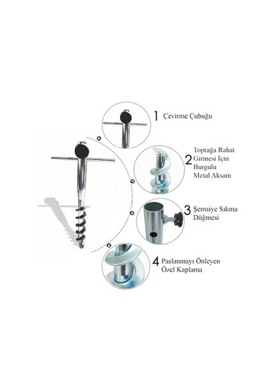 Leva House Burgulu Metal Sıkma Aparatlı Plaj Şemsiye Kazığı 40 Cm