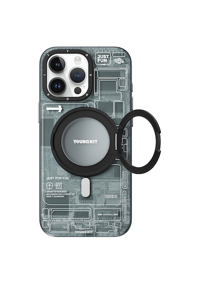Apple Uyumlu iPhone 15 Pro Kılıf Magsafe Şarj Özellikli Youngkit 360 Standlı Technology Serisi Kapak Gri