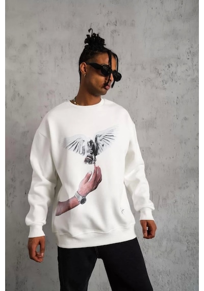 Erkek Güvercin Baskılı Sweatshirt - Beyaz Beyaz