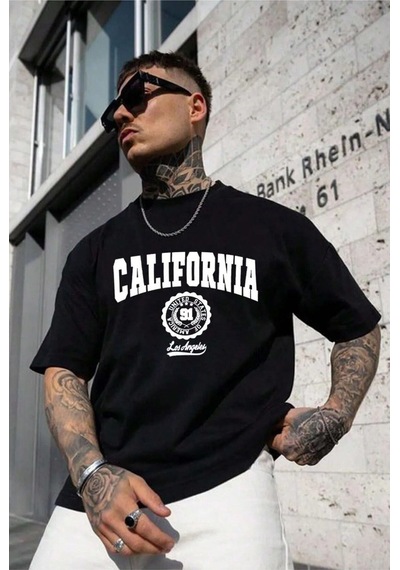 Hırsch Unisex Siyah California Baskılı Oversize T-shirt SIYAH