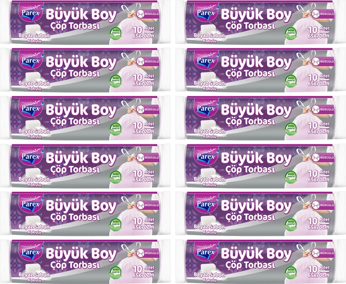 Büzgülü 10'lu Çöp Torbası Beyaz Sabun Kokulu Büyük Boy 65 X 70 Cm Onikili Paket