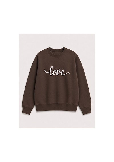Herkesemoda Love Yazı Baskı Detaylı Şardonlu 2 İplik Bisiklet Yaka Sweatshirt Kahverengi