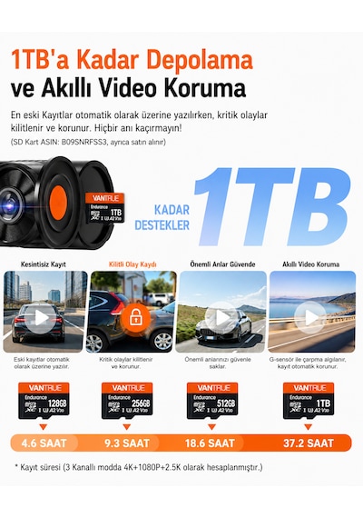 Vantrue Nexus 4 Pro S 3 Kameralı 4k Uhd Wi-fi Gps Araç Kamerası