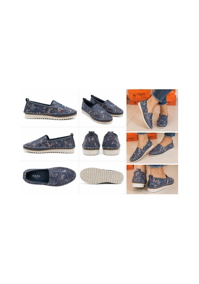 N Napa Shoe Np.108.fç.mavi Sneaker Napa Shoe Kadın Hakiki Deri Günlük Comfort Ayakkabı Mavi Çiçek Desenli