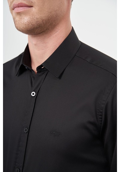 İmza Siyah Uzun Kol Düz Bez Ayağı 032 Sert Yaka Classic Slim Fit Gömlek 1004245324 Siyah