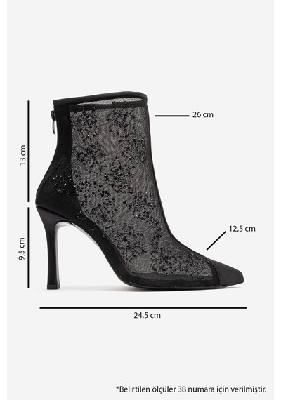 Luvi Shoes Gwena Siyah Taşlı Fileli Kadın Transparan Topuklu Bot