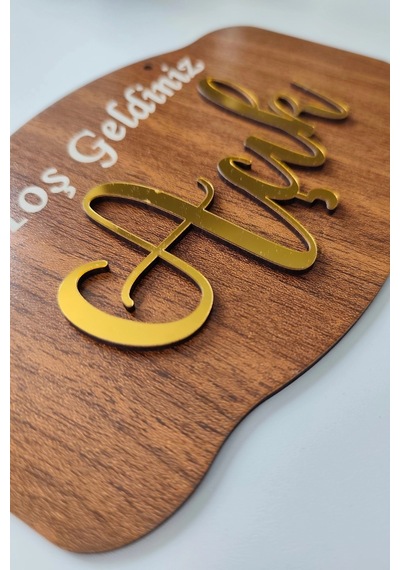 Gold Pleksi Detaylı 3d Ahşap Açık-kapalı Tabelası - Ceviz