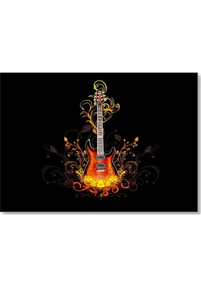 Cakasepetim Elektrogitar Ve Alevler Karanlık Arka Plan Ahşap Mdf Tablo