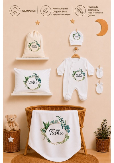 Pia Baby İsme Özel Hastane Çıkışı %100 Pamuk Erkek Bebek Organik Baskılı Tulum Set Keseli Hediyelik 2095tybk0x Krem